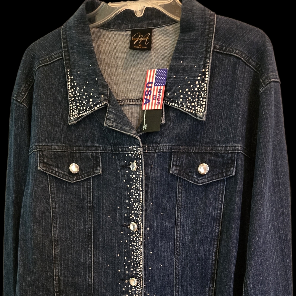 Dark Blue Denim Jacket Embellished with Rhinestones